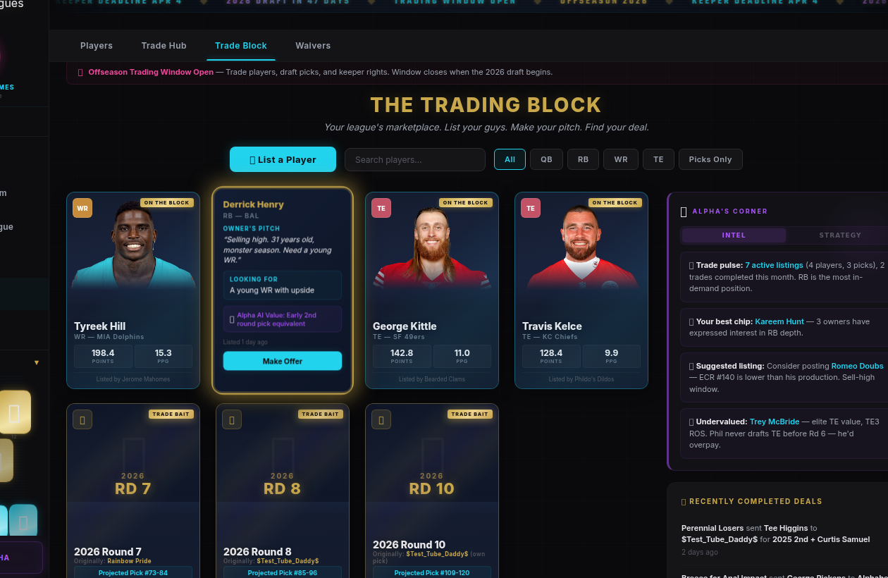 Alpha Leagues — Trade Block (prototype, Pass-2 visual target)